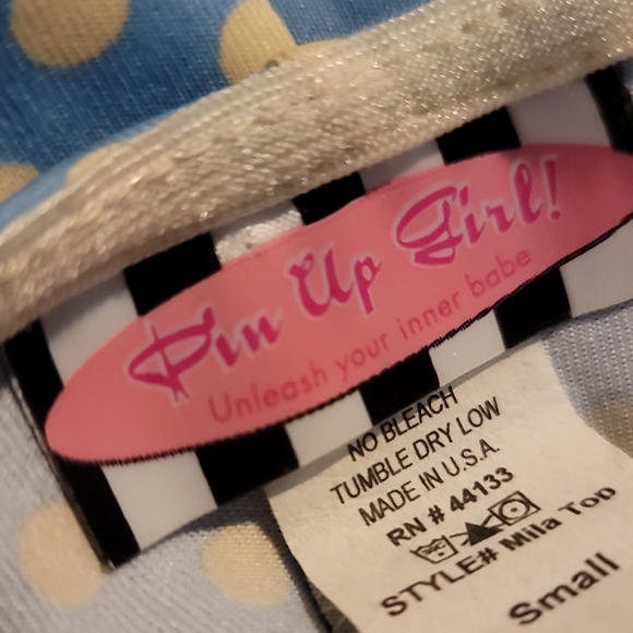 Pinup Couture Blue & Yellow Polka-dot Blouse Rare - Picture 14 of 15